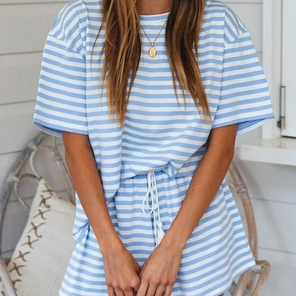 Blue Casual Women's Striped Short Sleeve T-Shirt and Shorts